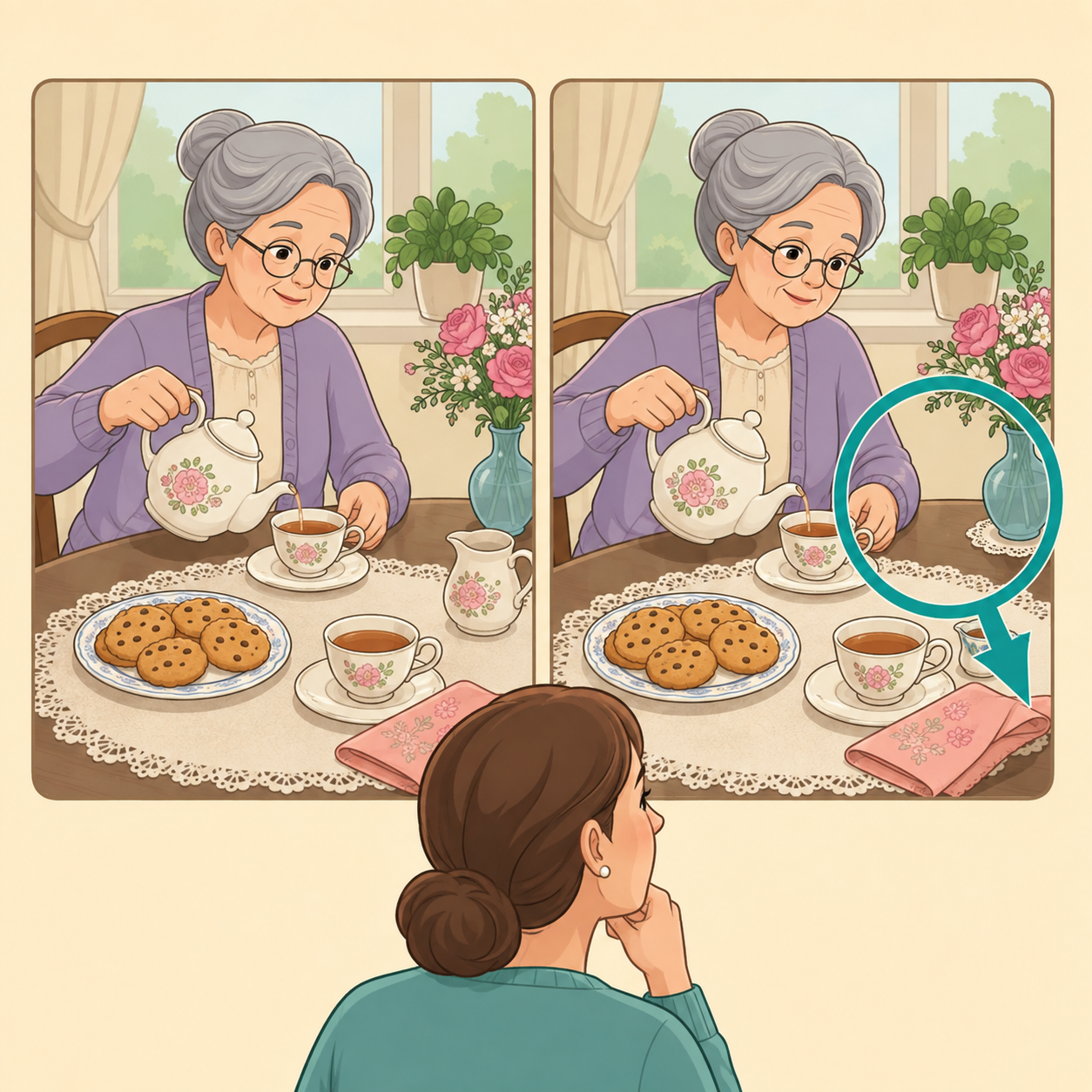Illustration of a Grandma's Tea Time spot-the-difference puzzle being compared.