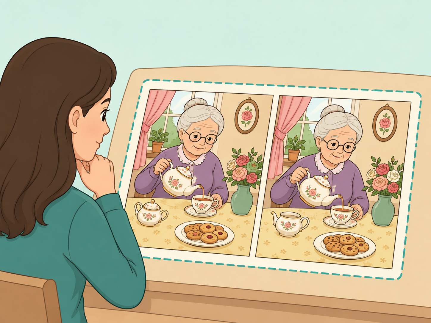 A person reviewing both tea time puzzle images before searching for differences.