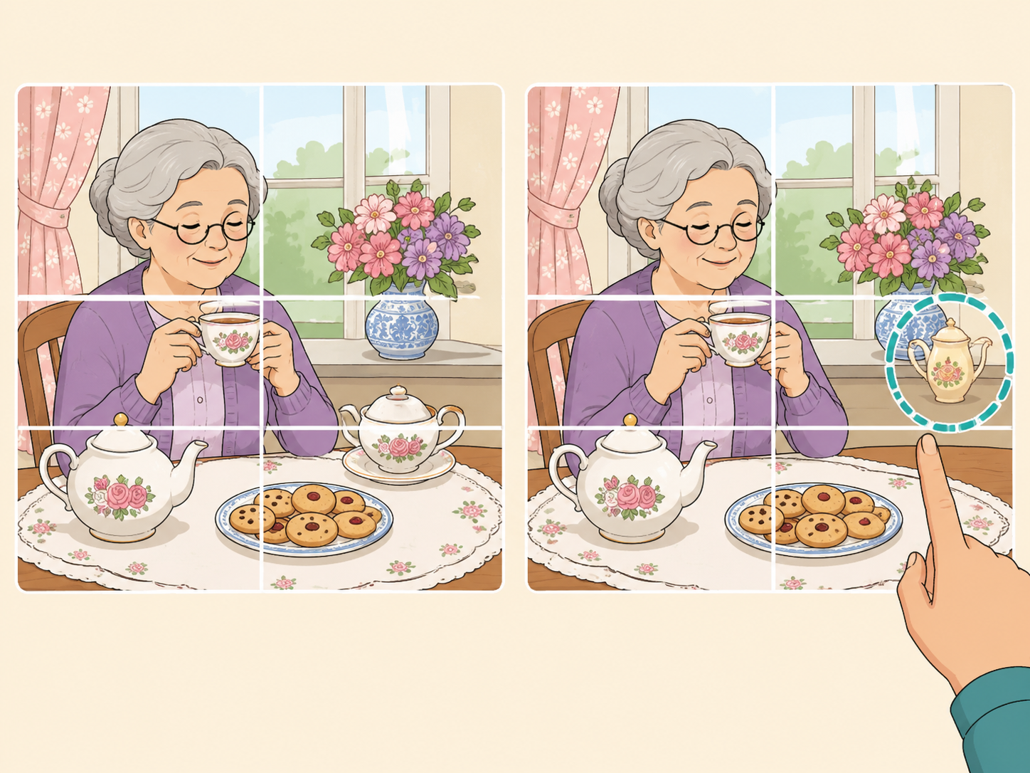 A tea time puzzle divided into small sections for careful scanning.