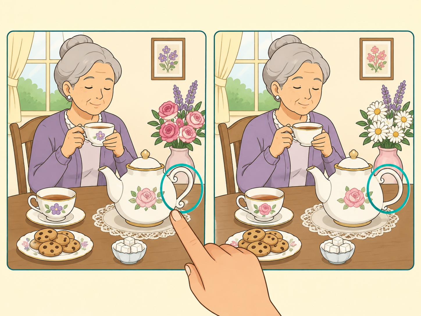 A person matching one object at a time between two puzzle images.