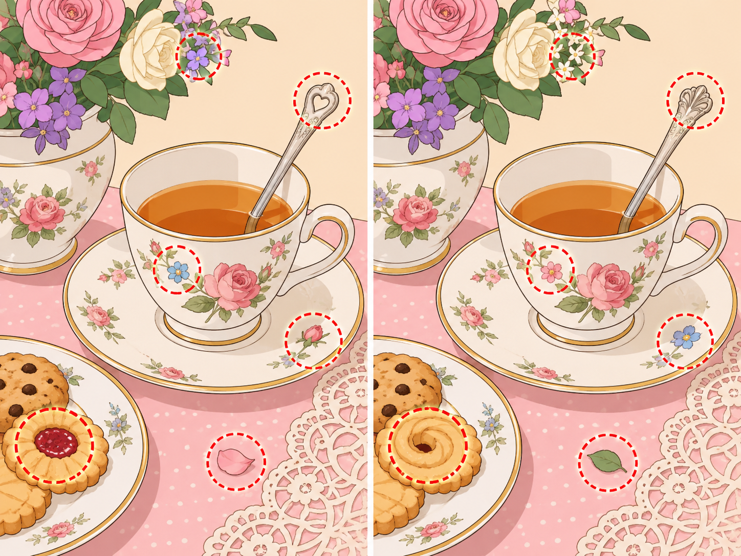 Tiny tea time details such as handles, petals, and patterns being checked.