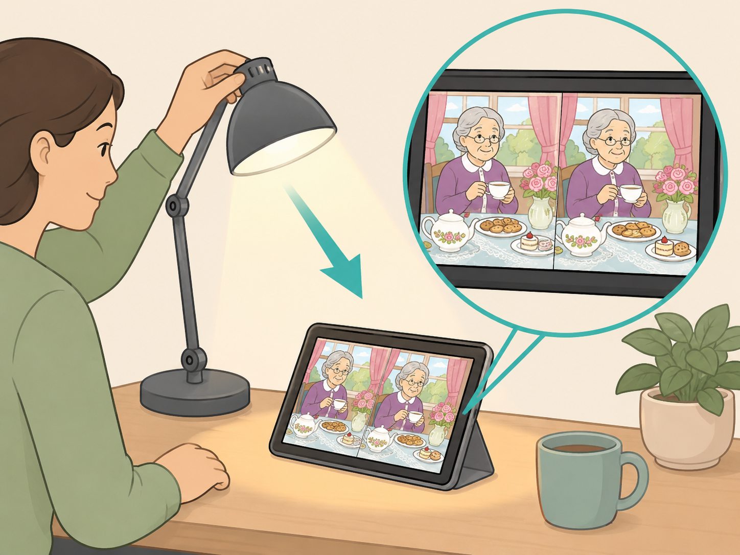 A person improving lighting and zooming in to view the puzzle comfortably.
