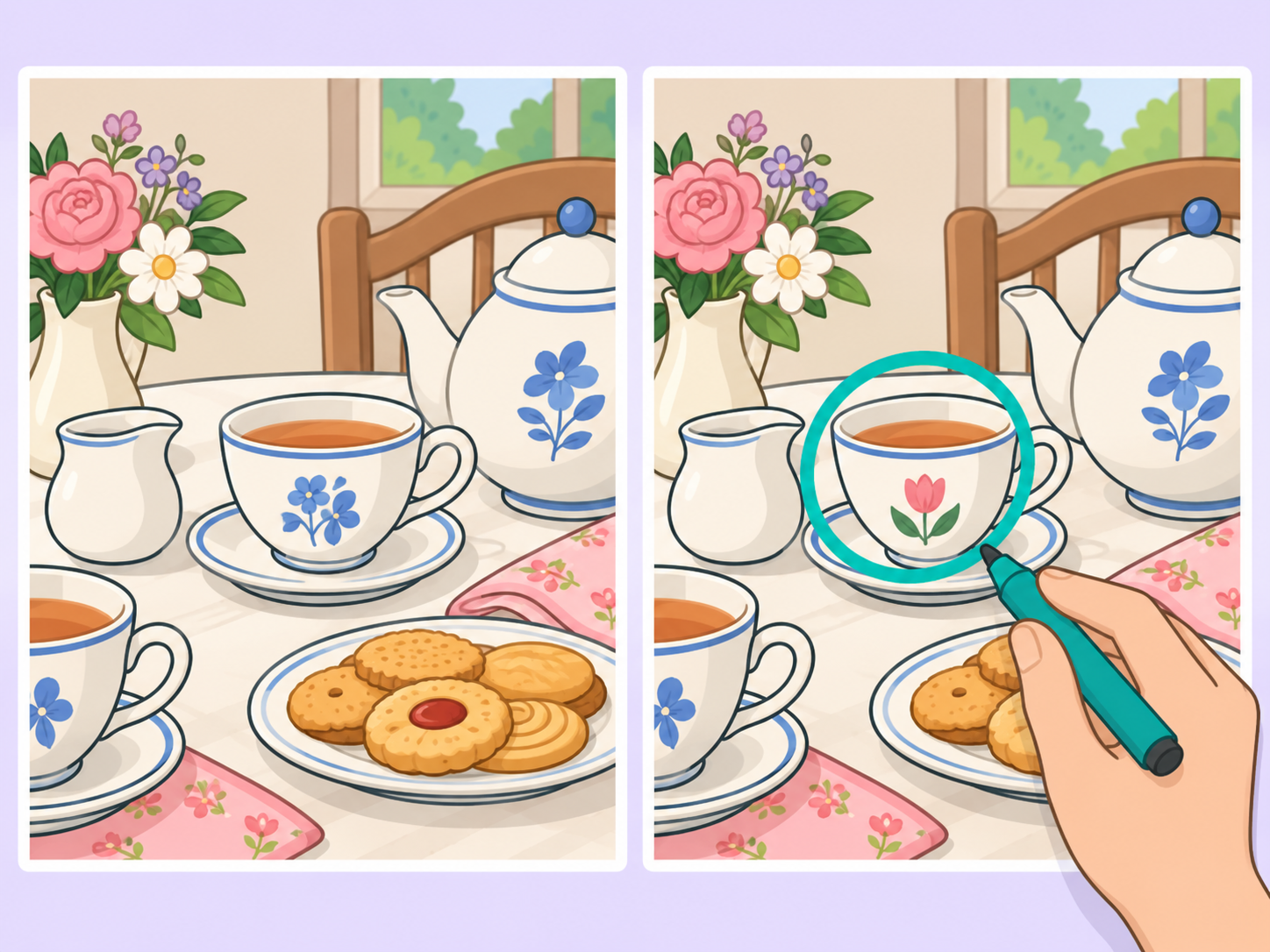 A found difference in the tea time puzzle being verified and marked.