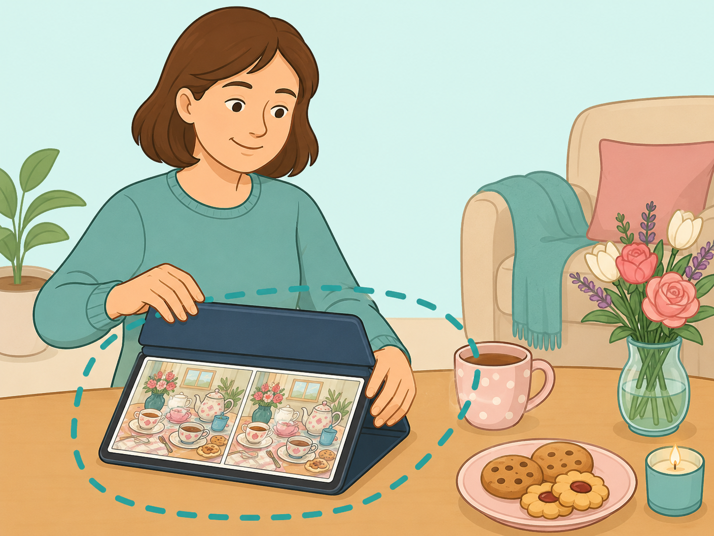 A person enjoying Grandma's Tea Time as a relaxed visual puzzle.