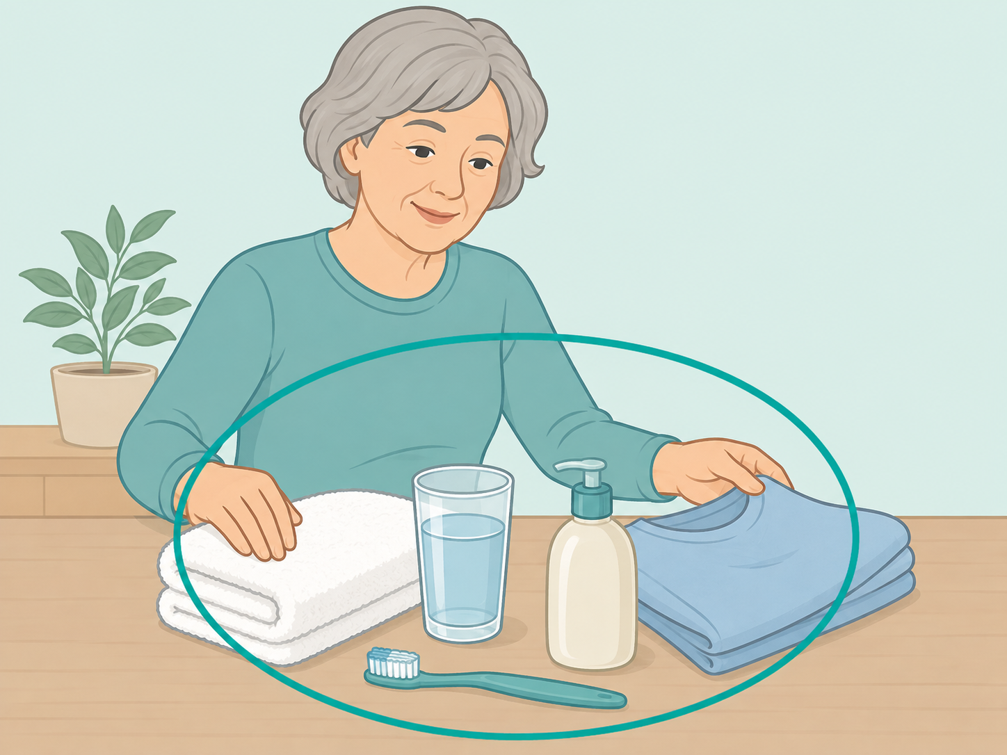 Older woman organizing gentle hygiene, hydration, clothing, and oral care items.