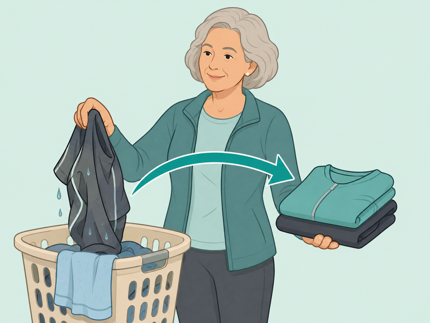 Older woman changing out of sweaty clothes into clean clothes.