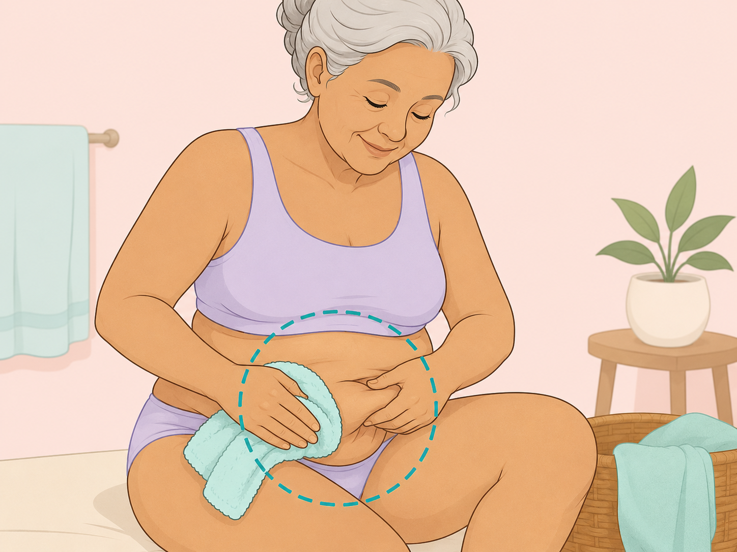 Older woman drying skin folds carefully with a soft towel.