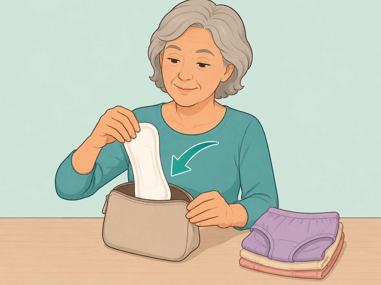 Older woman preparing a fresh pad or liner for incontinence care.