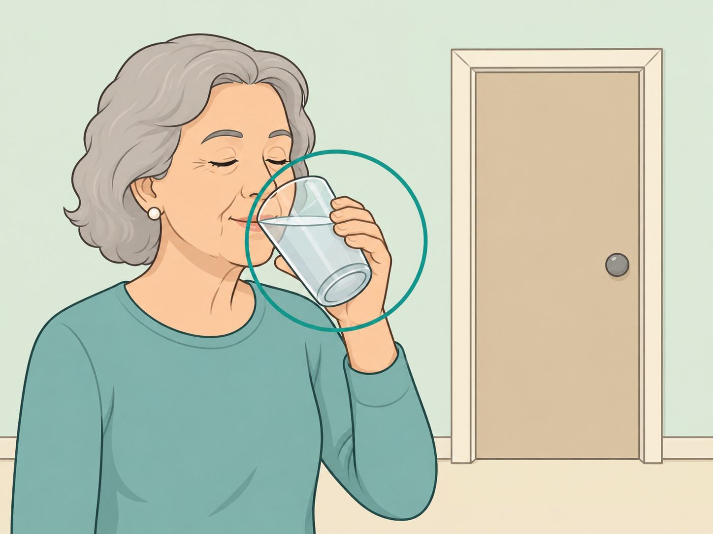 Older woman drinking water to help keep urine diluted.