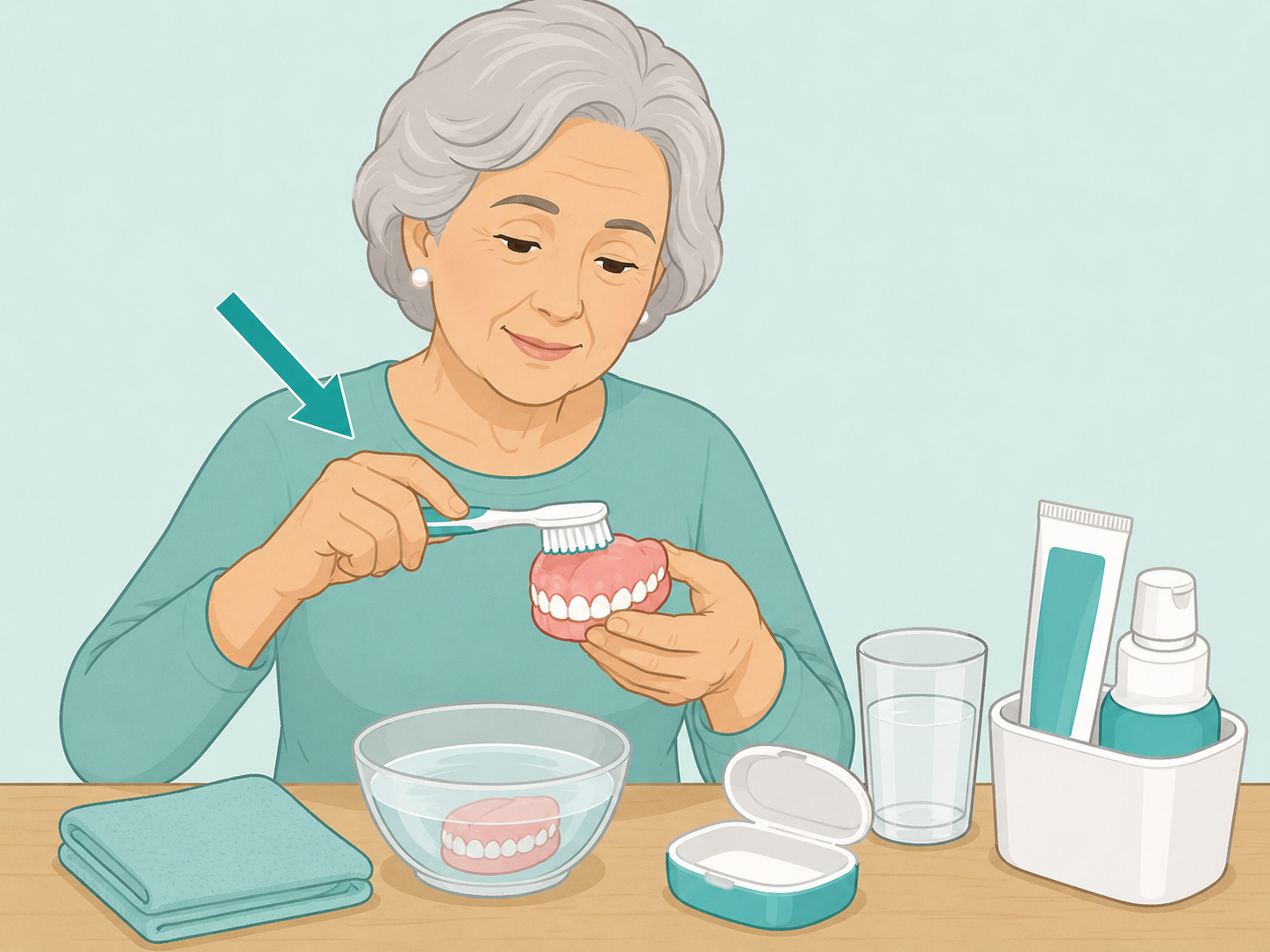 Older woman cleaning dentures and oral care items.