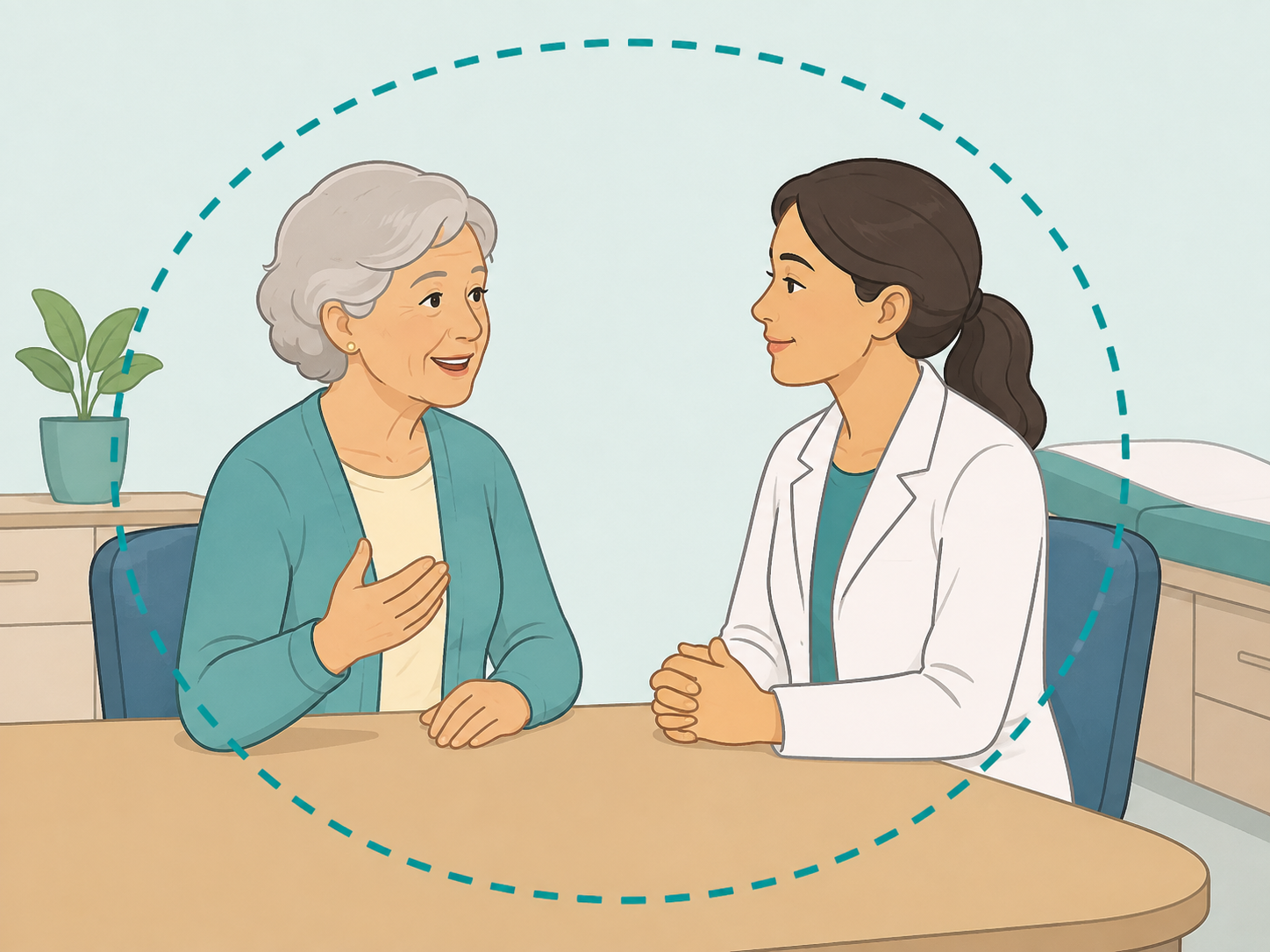 Older woman talking with a healthcare professional about odor changes.