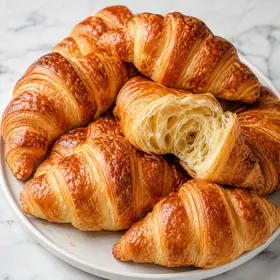 Golden homemade croissants with flaky layers on white marble
