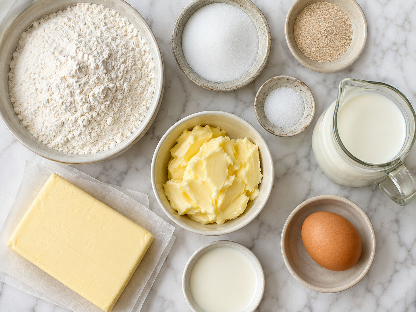 Croissant ingredients with flour, butter, milk, yeast, and egg