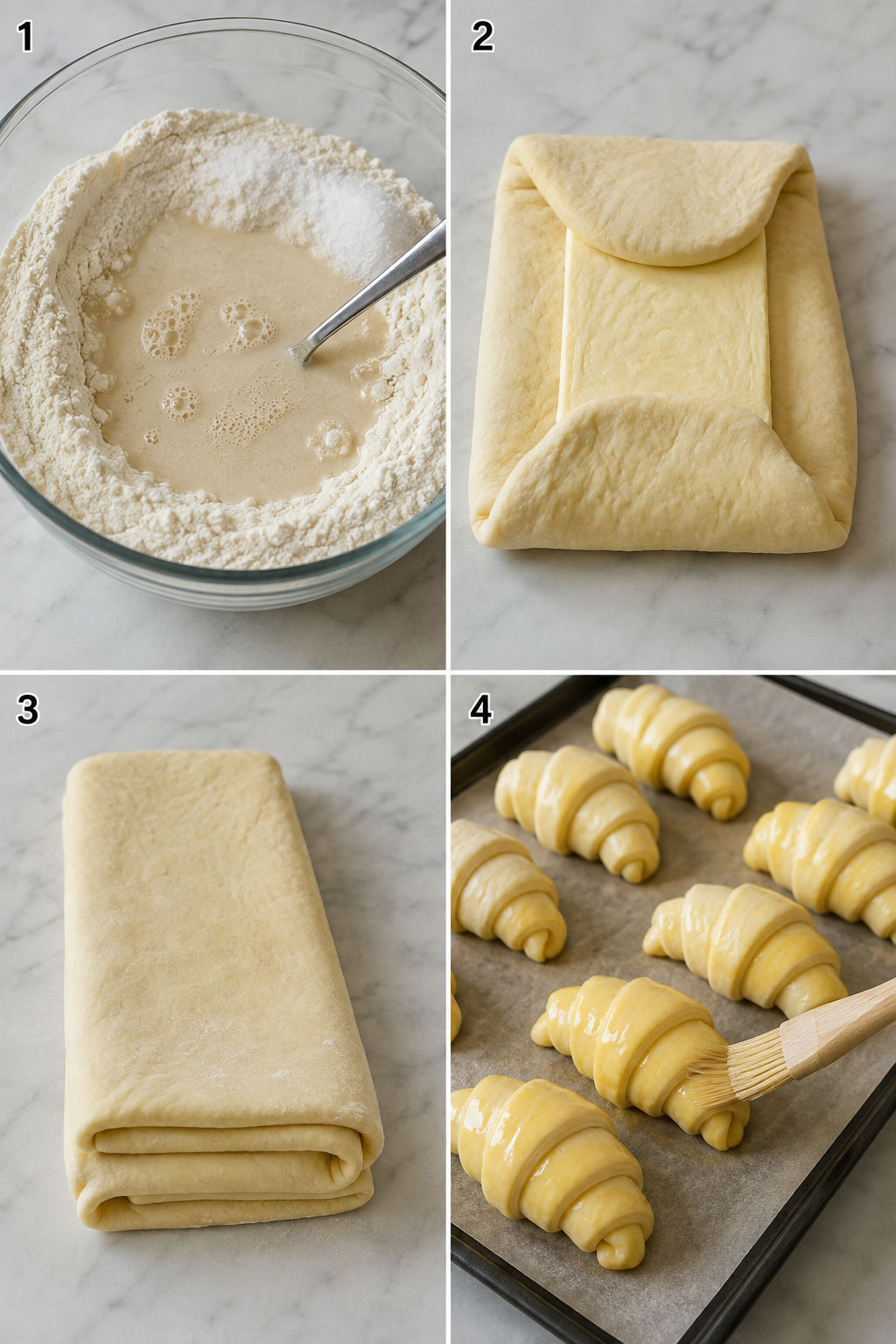 Four steps for making croissants from mixing to egg wash