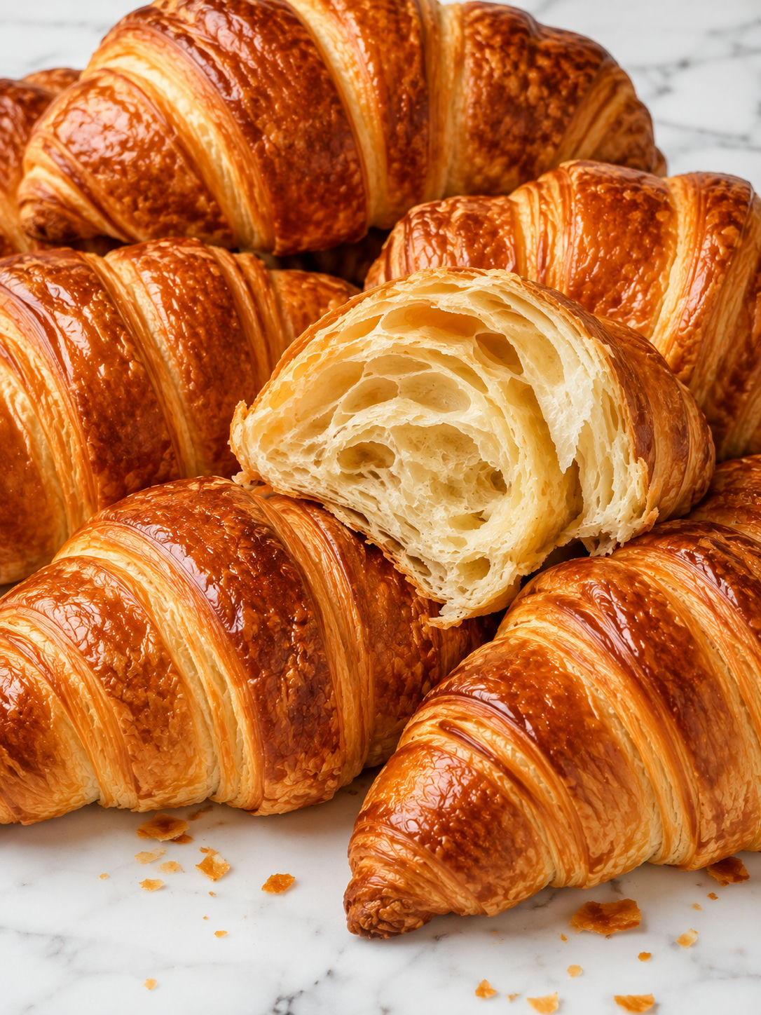 Flaky golden croissants pulled open with soft buttery layers