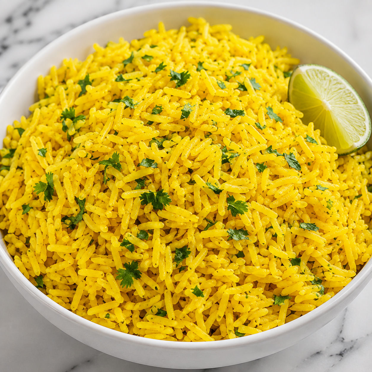 Fluffy yellow rice with cilantro and lime in a white bowl