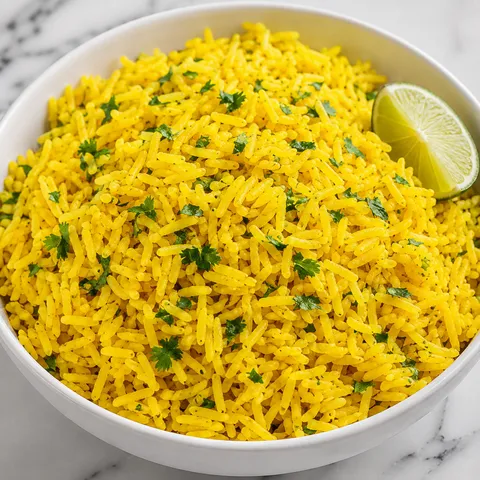 Fluffy yellow rice with cilantro and lime in a white bowl