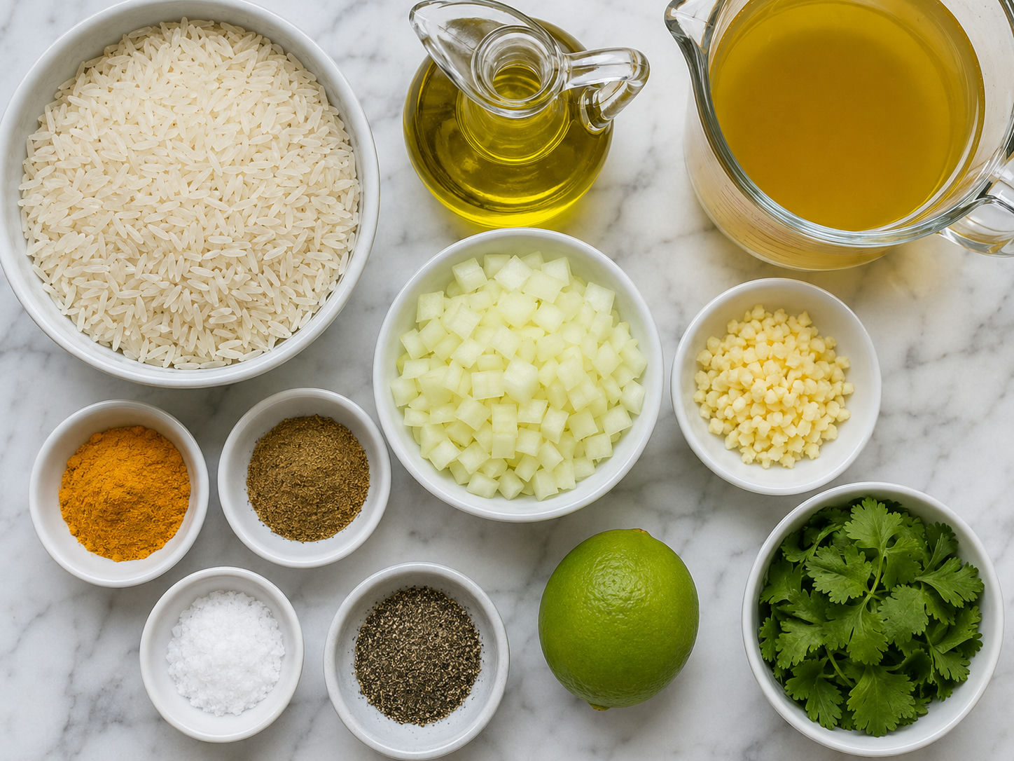Ingredients for fluffy yellow rice with turmeric, lime, and cilantro