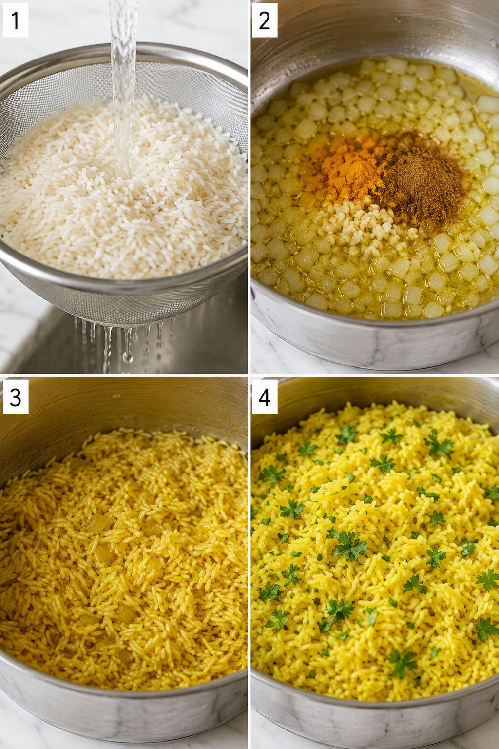Steps for rinsing, toasting, simmering, and fluffing yellow rice