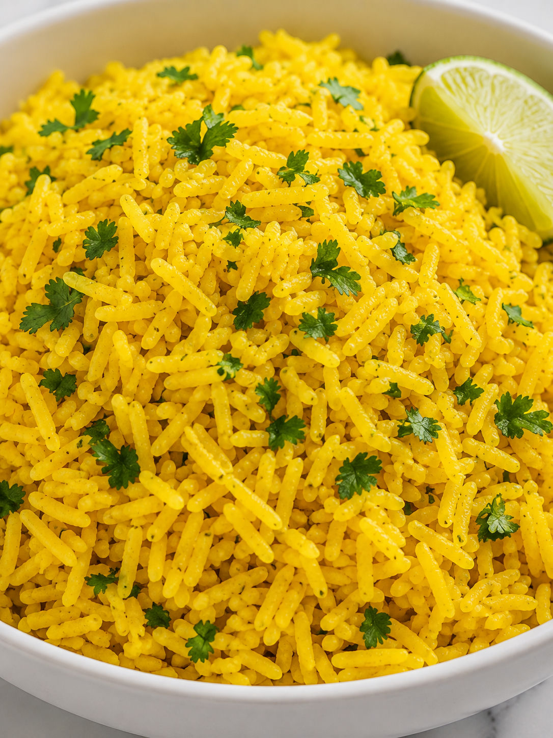 Golden fluffy yellow rice with cilantro and lime filling the frame