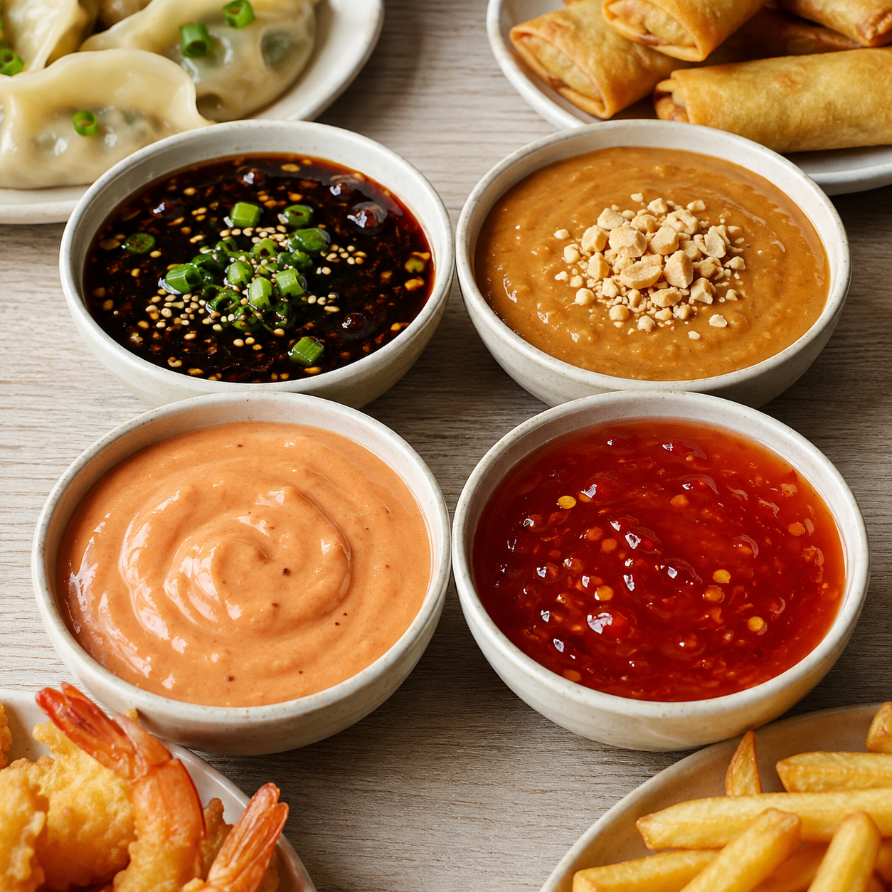 Four homemade dipping sauces with dumplings, rolls, shrimp and fries