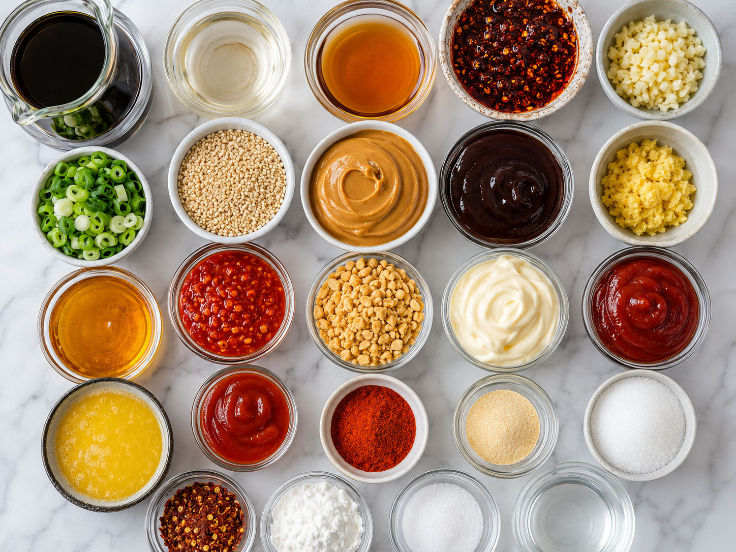 Ingredients for dumpling sauce, peanut sauce, yum yum sauce and sweet chili sauce