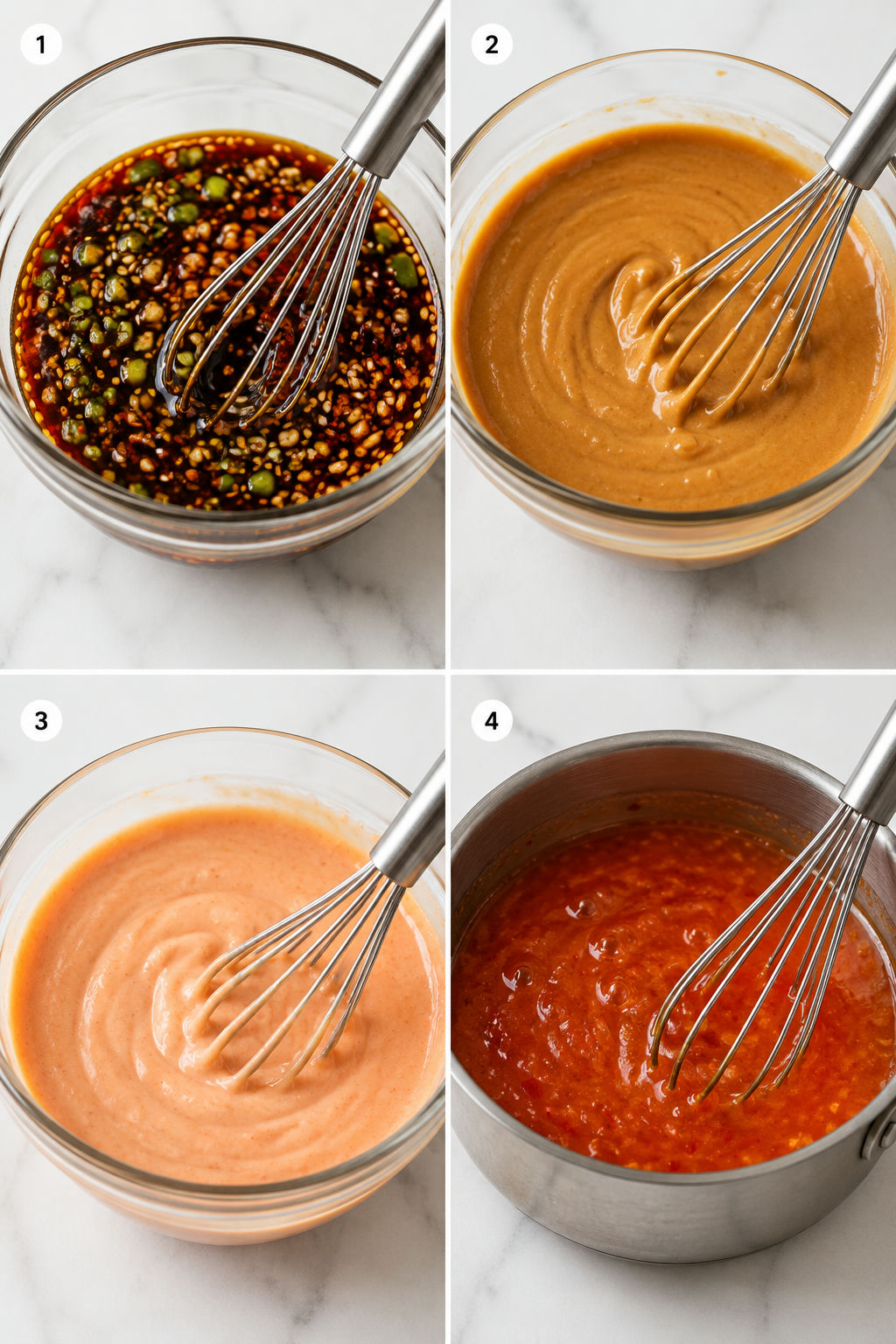 Four steps for making dumpling, peanut, yum yum and sweet chili sauces