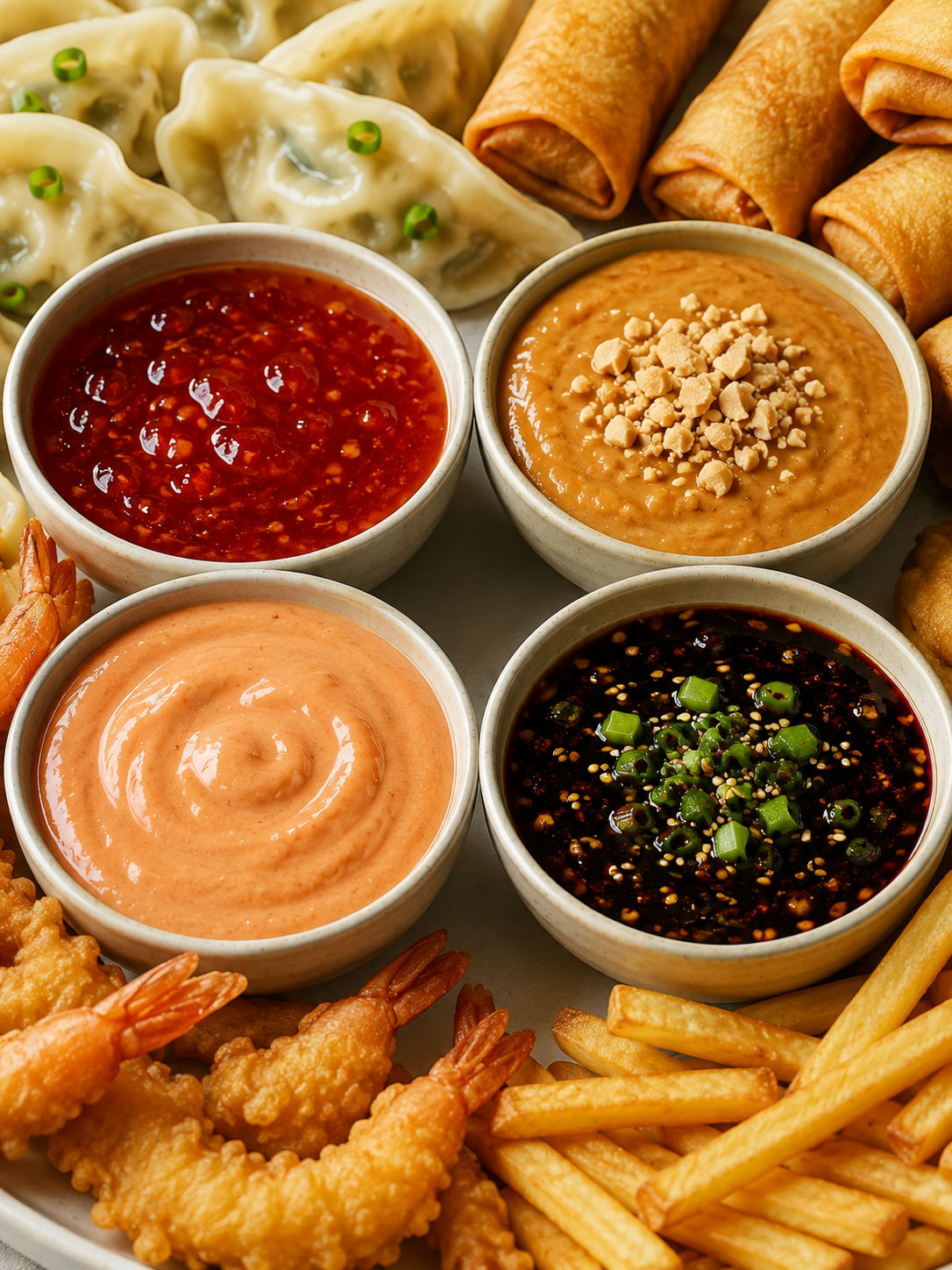 Four dipping sauces surrounded by dumplings, spring rolls, shrimp and fries