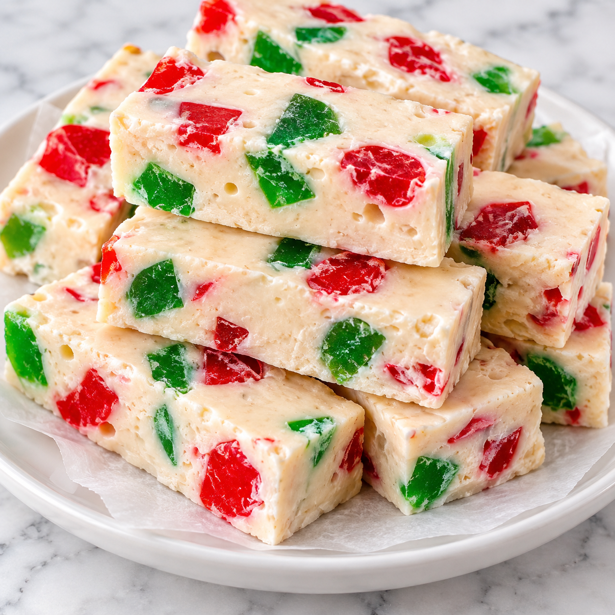 Four Ingredient Nougat Bars with red and green gumdrops on a white plate