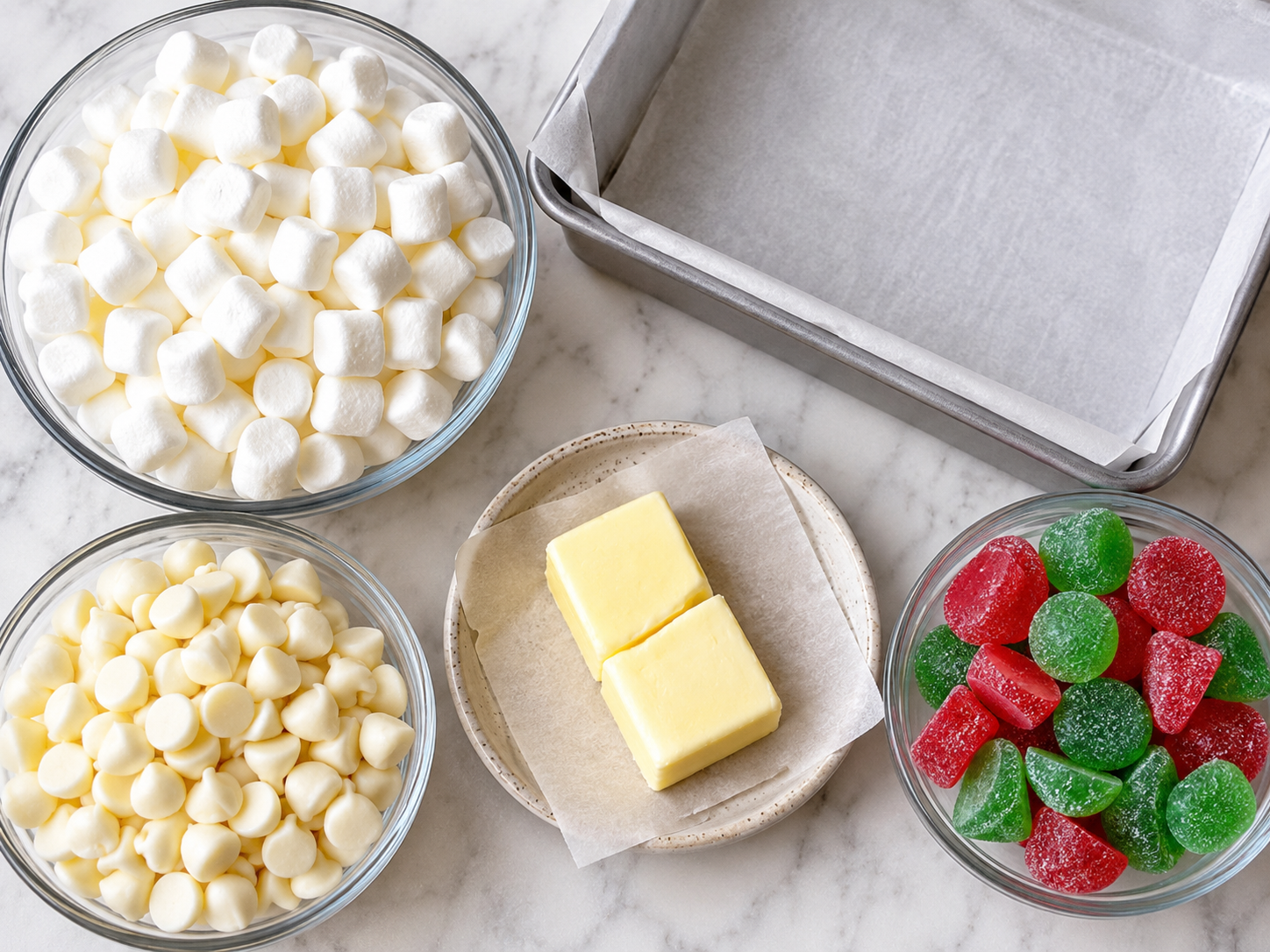Mini marshmallows, white chocolate, butter, and gumdrops for nougat bars