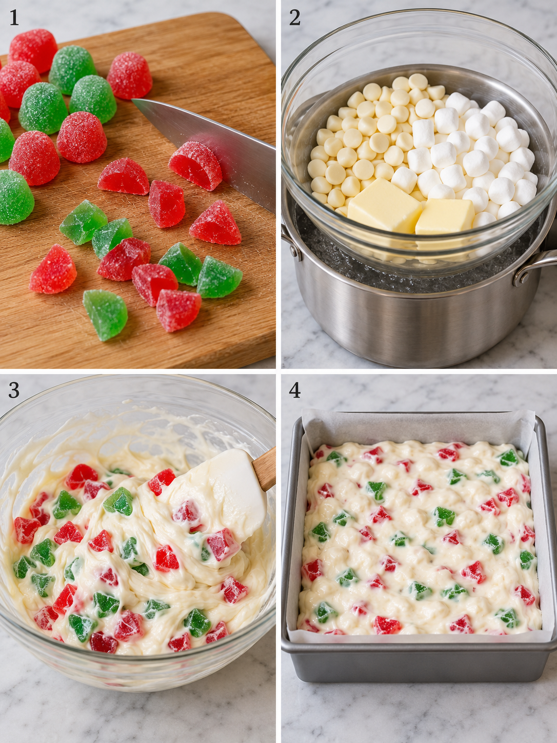 Four steps for making gumdrop nougat bars in a kitchen