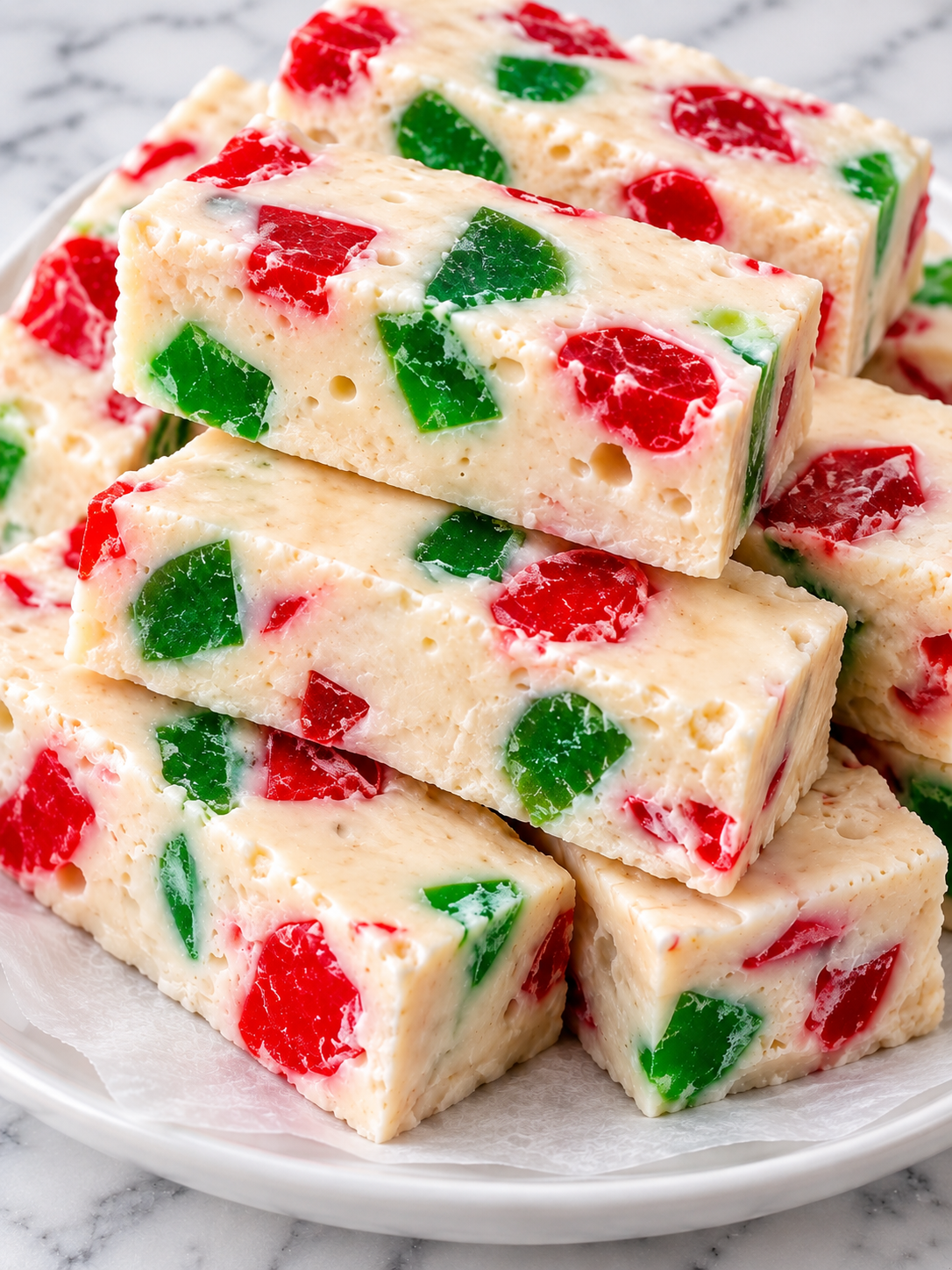 Stacked Four Ingredient Nougat Bars with colorful gumdrops