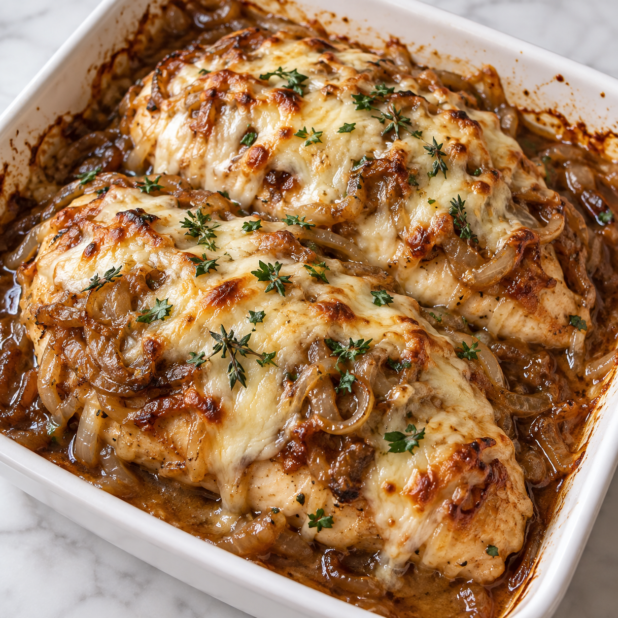French onion chicken bake with melted cheese and caramelized onions