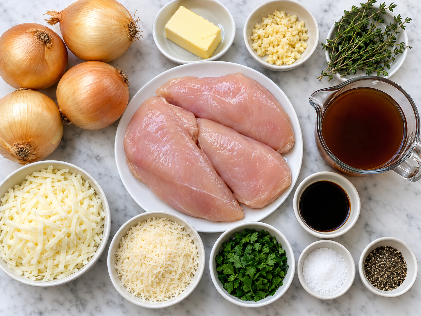 Ingredients for French onion chicken bake with onions, chicken, broth, and cheese