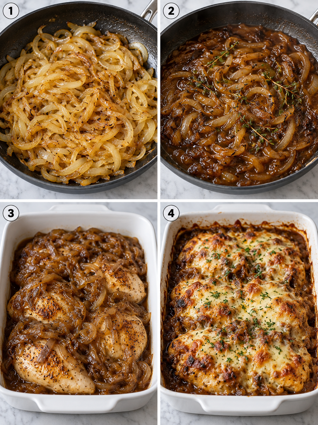 Four cooking steps for French onion chicken bake in skillet and baking dish