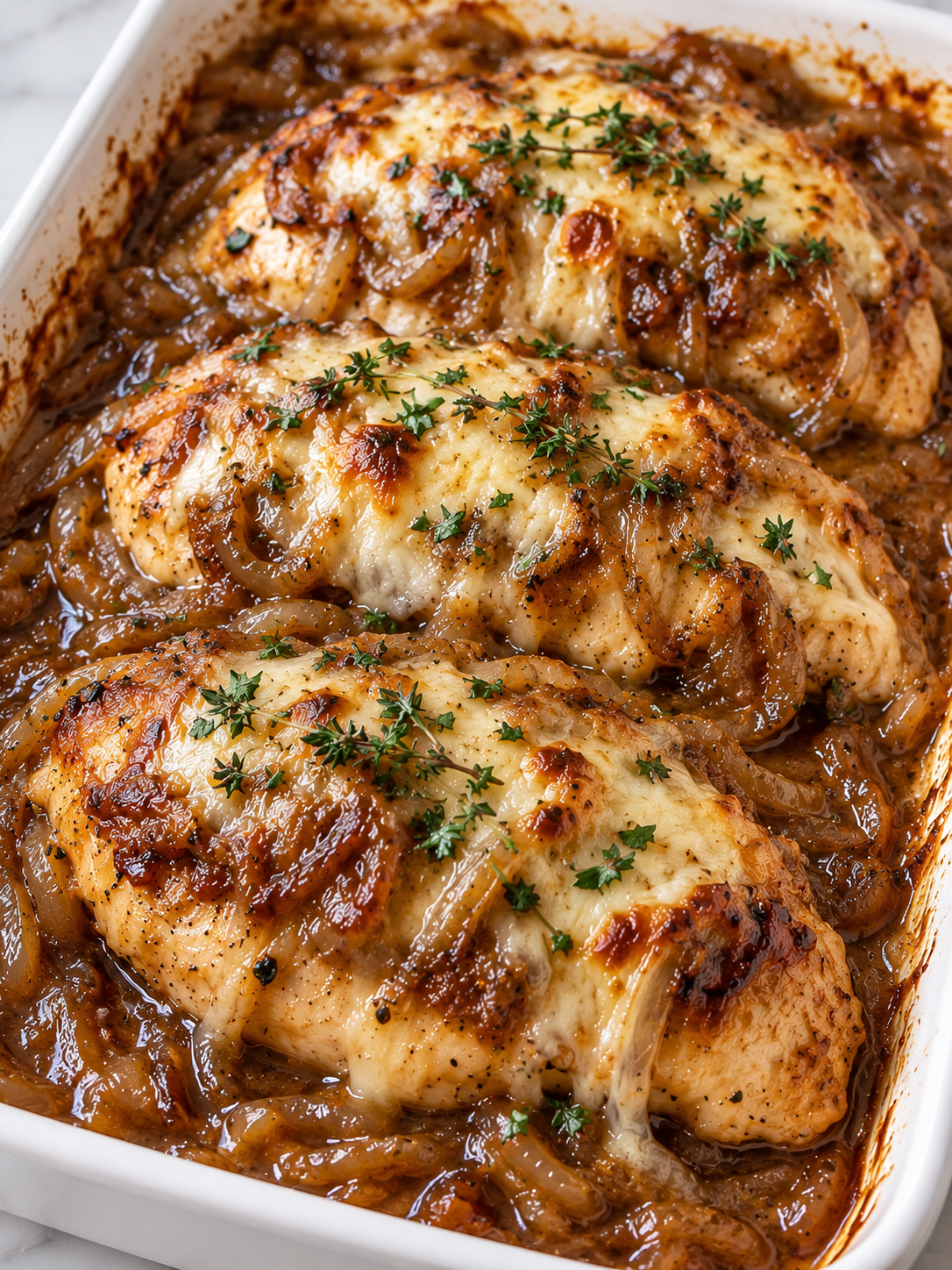 French onion chicken bake with bubbling cheese and glossy onions