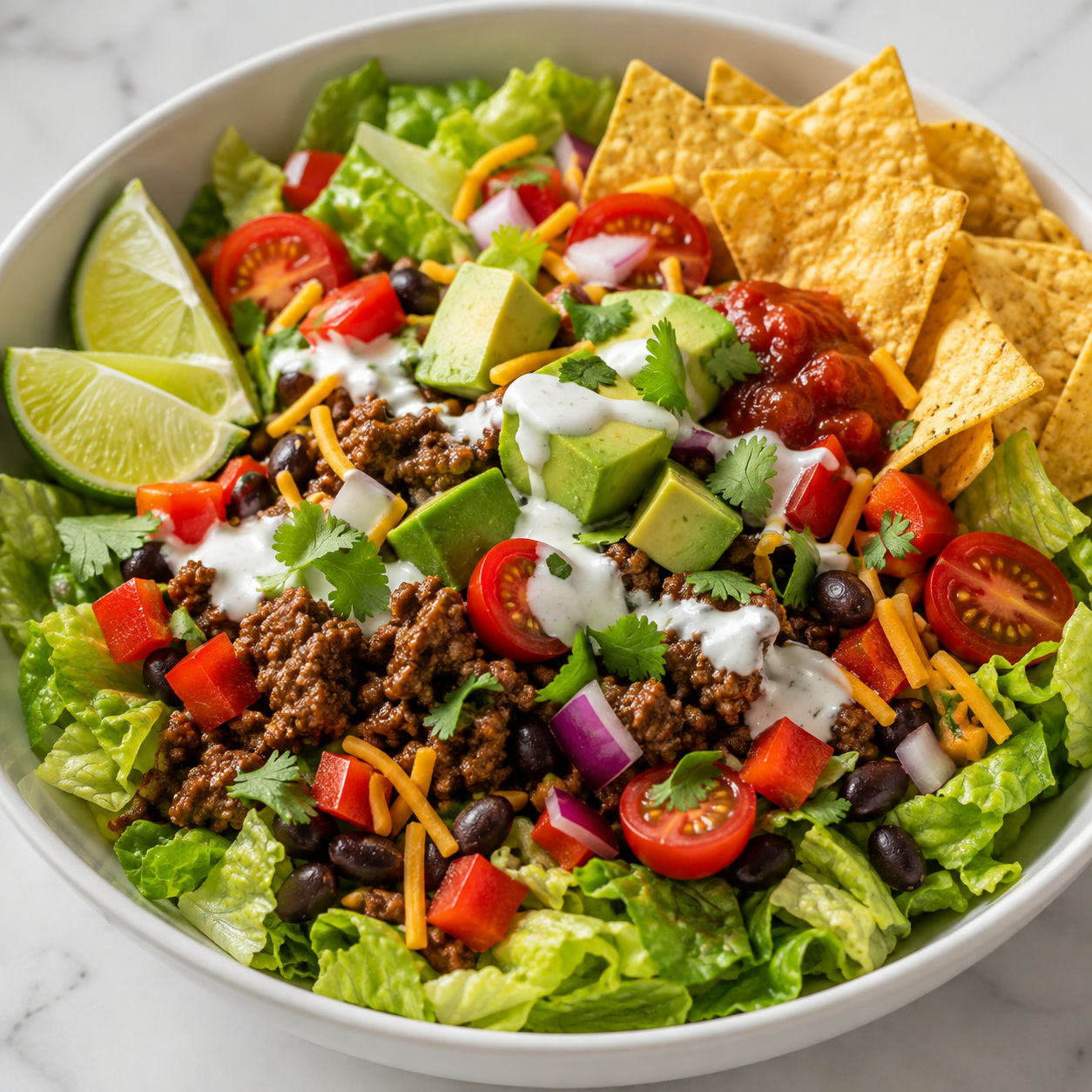 Taco salad bowl with beef, avocado, tomatoes, cheese, chips, and lime
