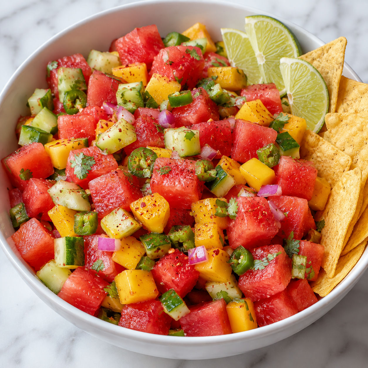 Watermelon mango salsa with cucumber, cilantro, lime, and tortilla chips