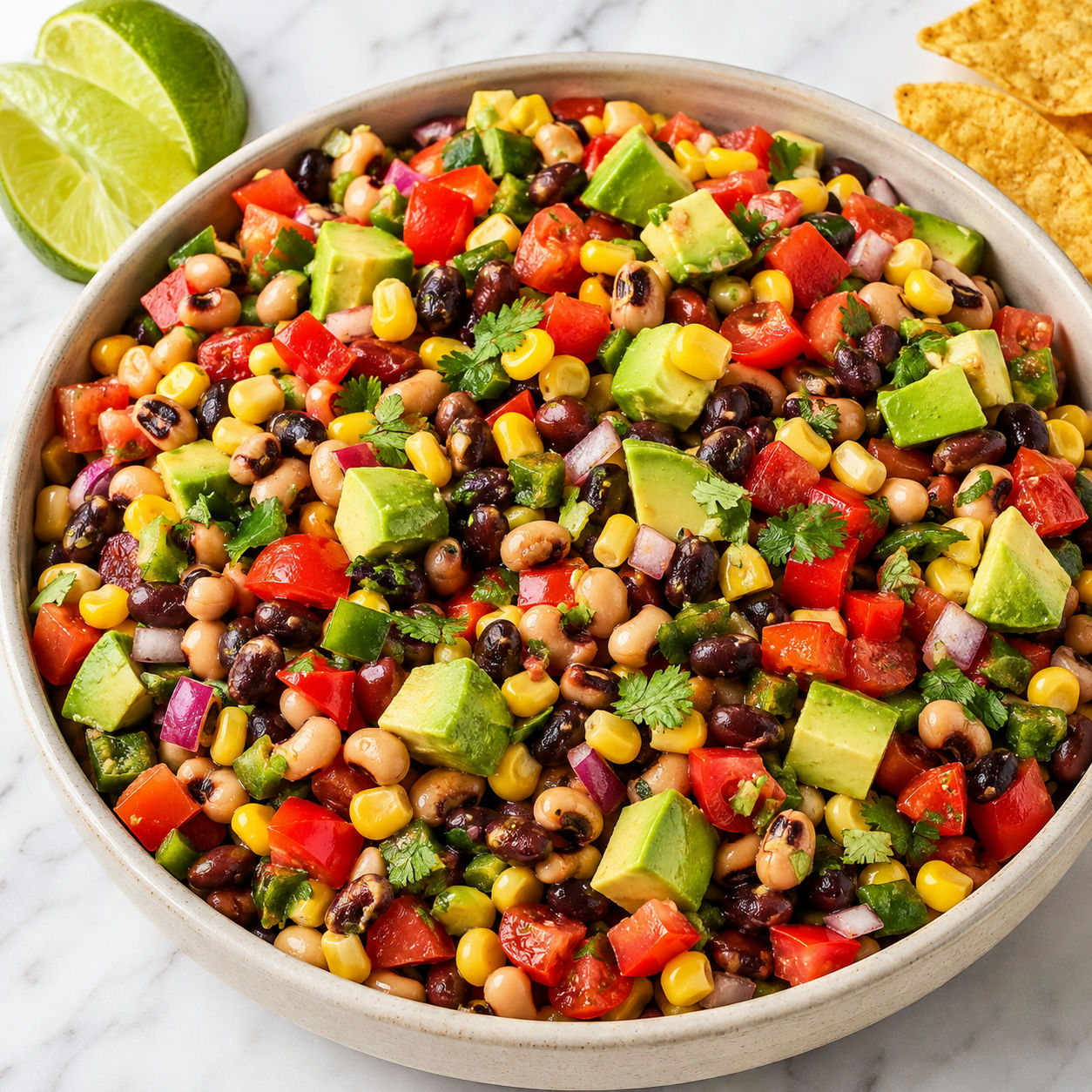 Cowboy caviar with beans, corn, avocado, cilantro, chips, and lime