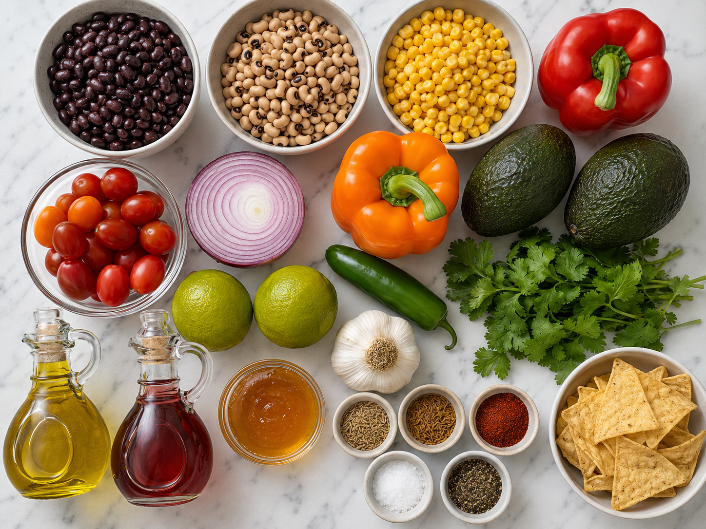 Ingredients for cowboy caviar with beans, corn, peppers, avocado, lime, and chips