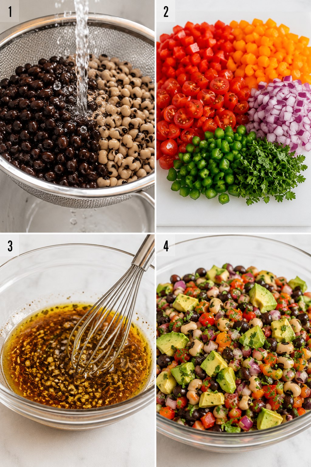 Four steps for making cowboy caviar from rinsing beans to tossing avocado