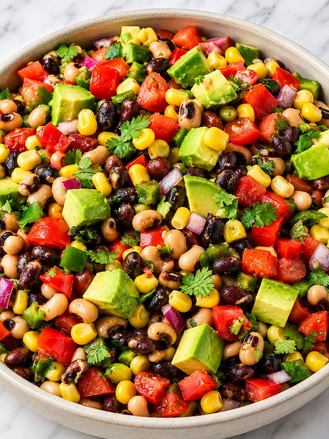 Cowboy caviar dip with avocado, corn, beans, cilantro, lime, and tortilla chips