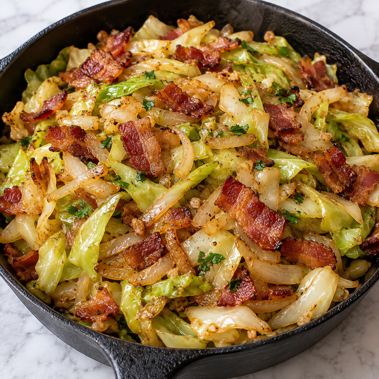 Fried cabbage with bacon, onion, garlic, and parsley in a cast-iron skillet