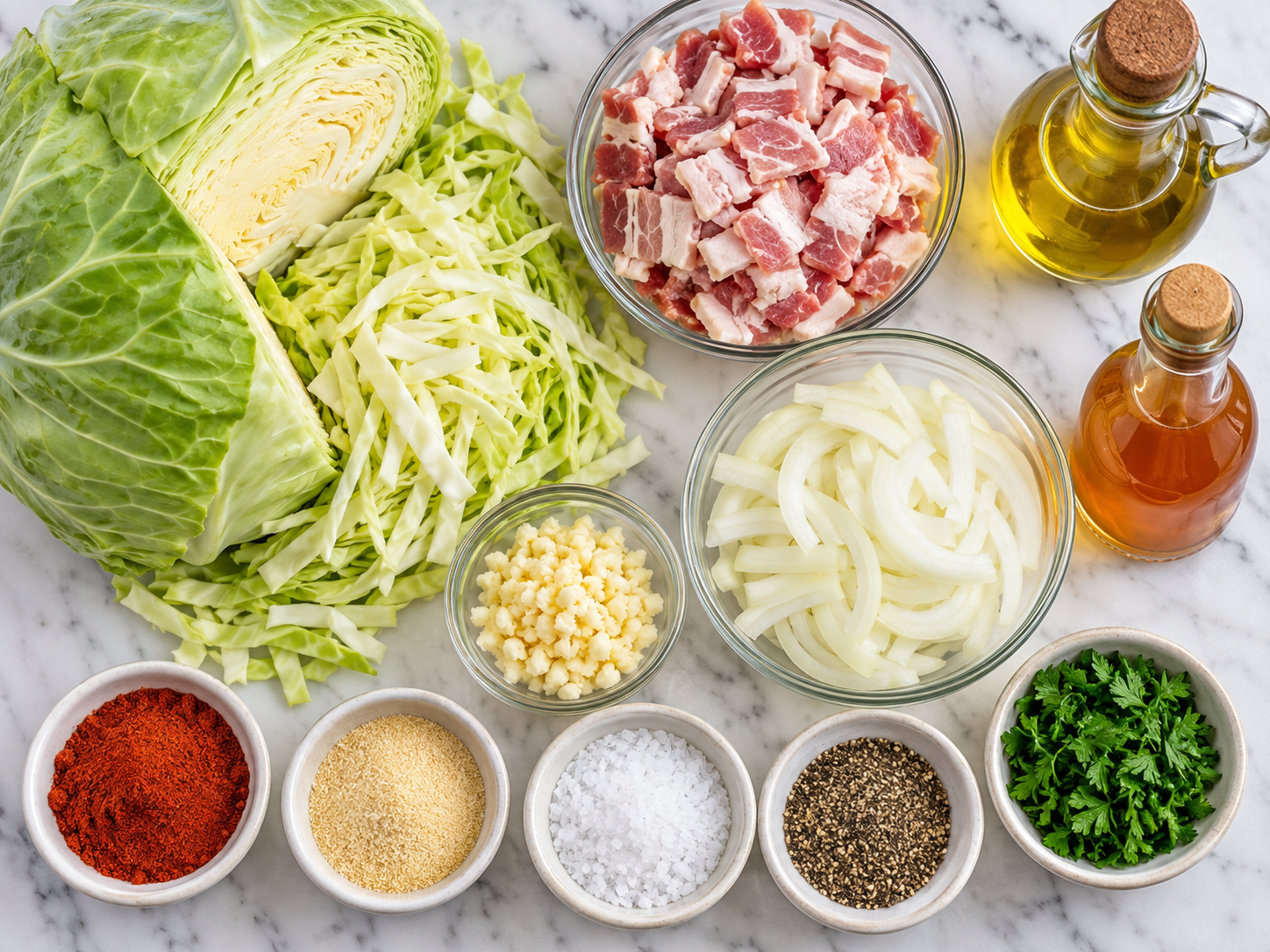 Ingredients for fried cabbage with bacon, onion, garlic, spices, and parsley