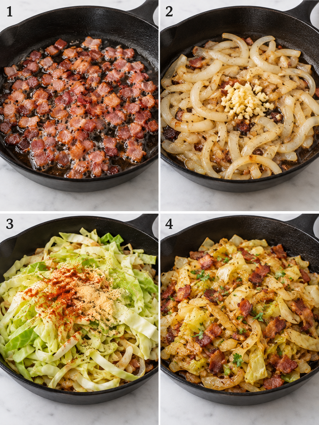 Four steps for cooking fried cabbage with bacon, onion, and garlic