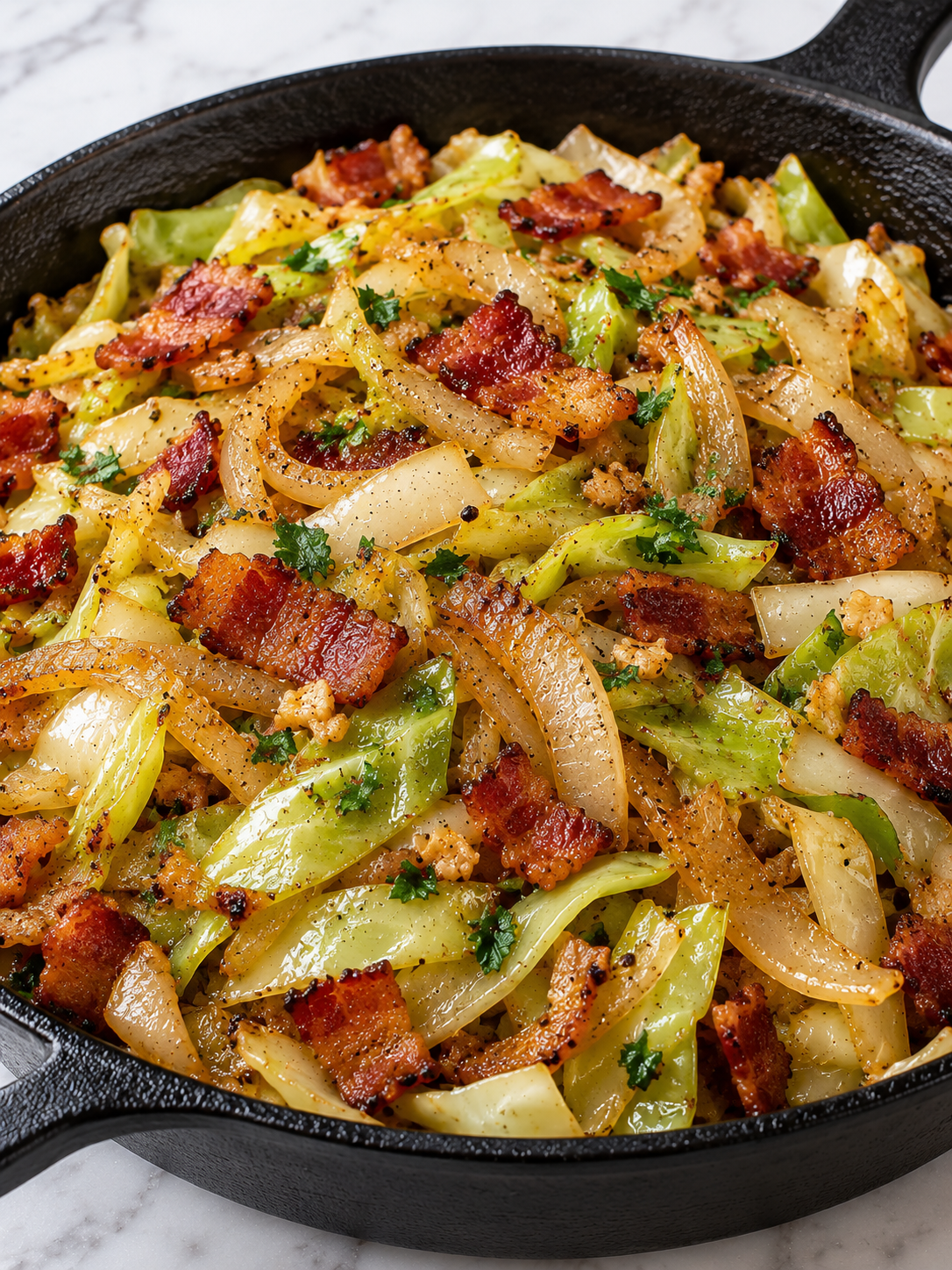 Fried cabbage with crisp bacon, onion, garlic, and parsley filling the frame