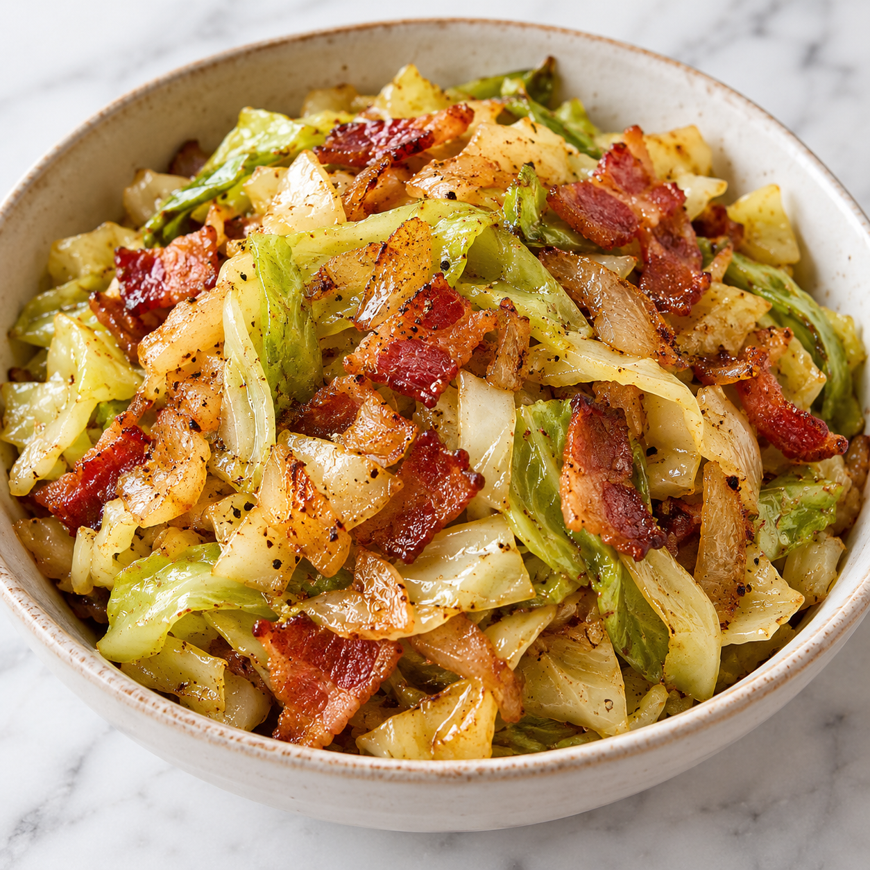 Fried cabbage with bacon, onion, garlic, and paprika in a cream bowl