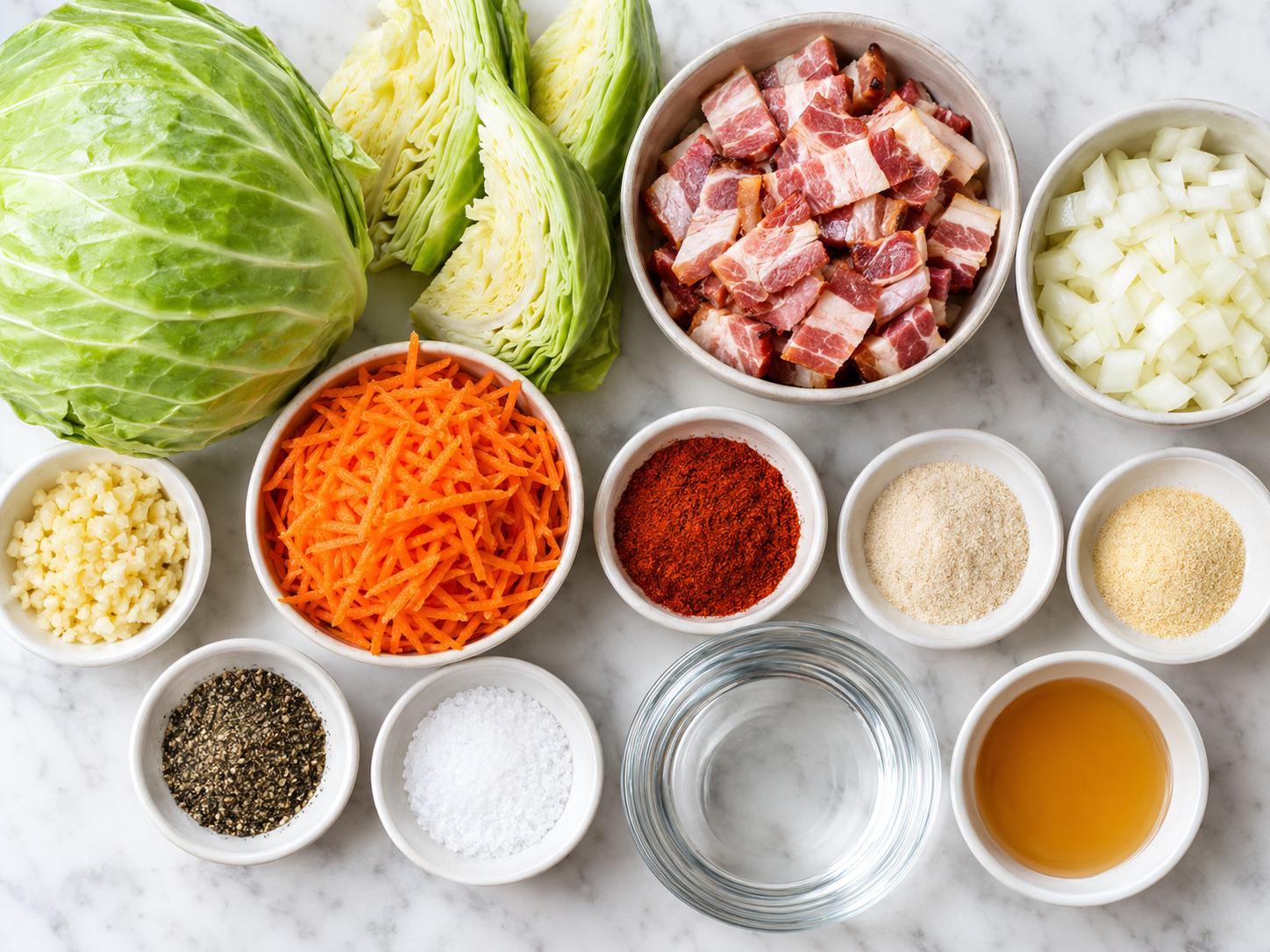 Cabbage, bacon, onion, garlic, carrot, and seasonings for fried cabbage