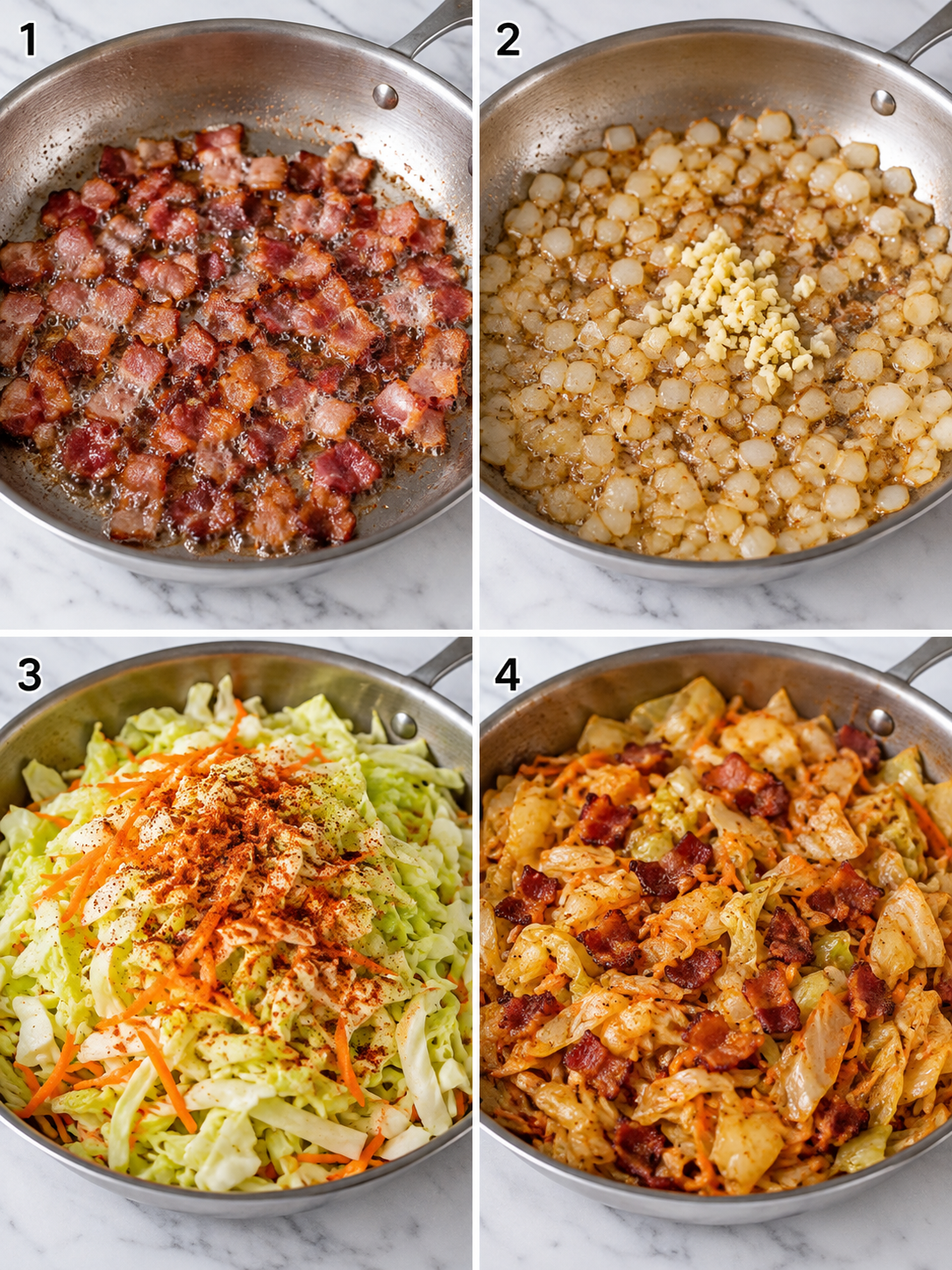 Four cooking steps for fried cabbage with bacon, onion, and garlic