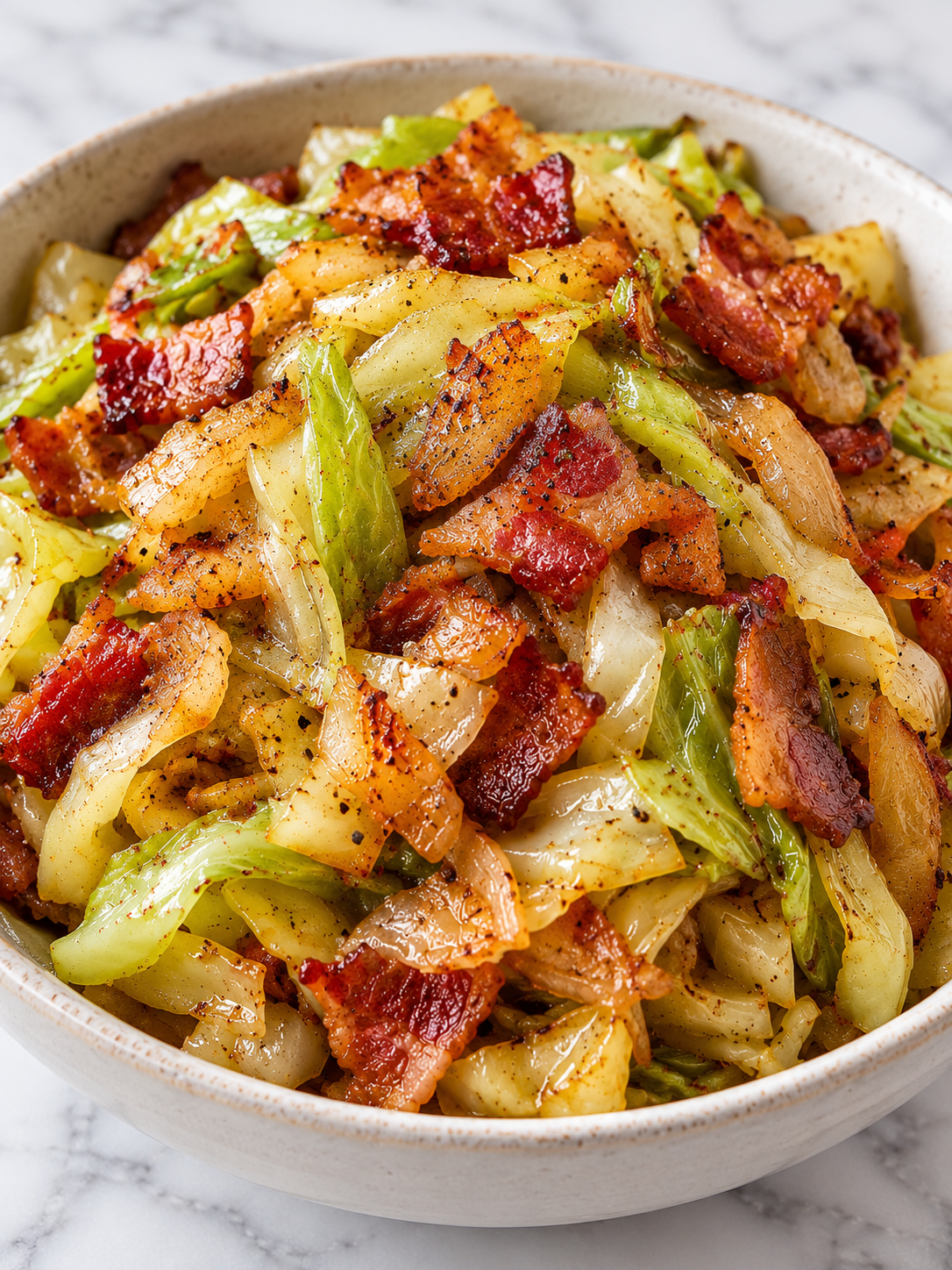 Fried cabbage with crisp bacon, onion, garlic, and paprika in a bowl
